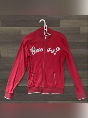 Vintage 1990s Guess Hot Pink Bedazzled Zip-Up Sweater Top
